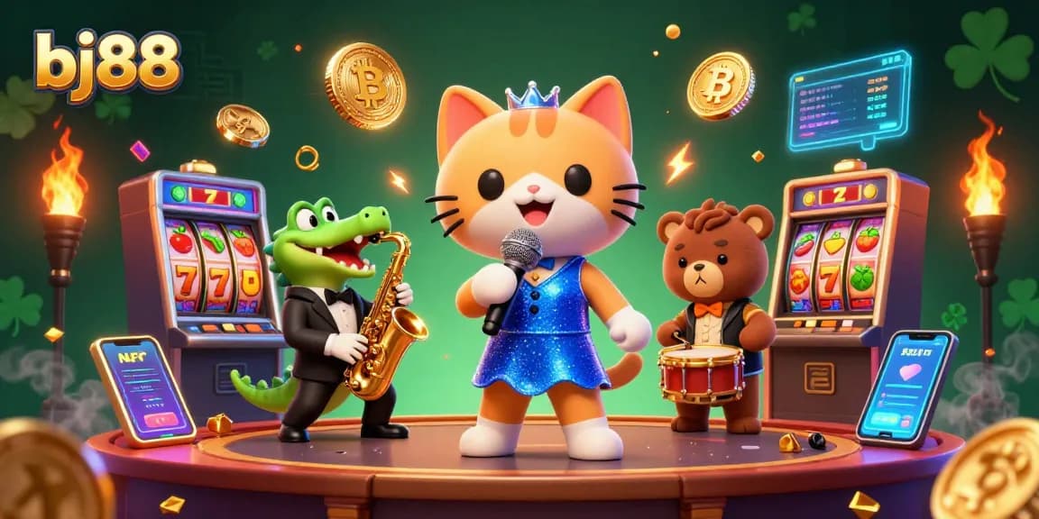 Engage in exciting casino play with bj88, featuring vibrant 3D characters and colorful gaming elements.
