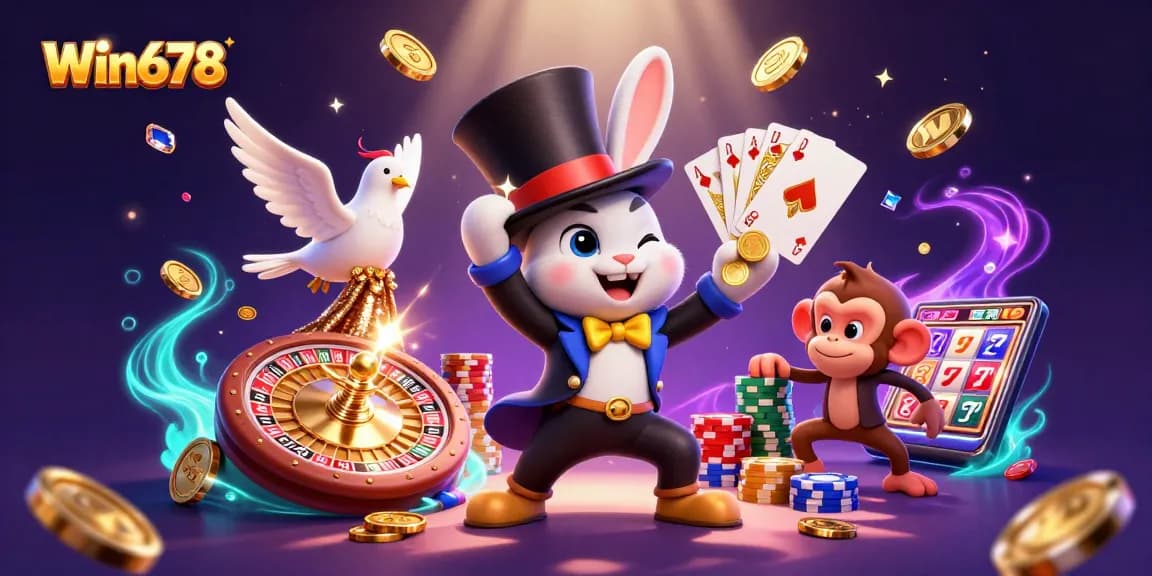 Win678 offers exciting gaming with a magician pulling coins, highlighting epic casino fun.
