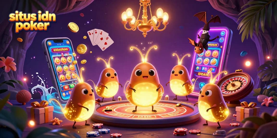 Menghadirkan situs idn poker dengan efek spektakuler di kasino gua yang diterangi, menunjukkan permainan yang menarik.