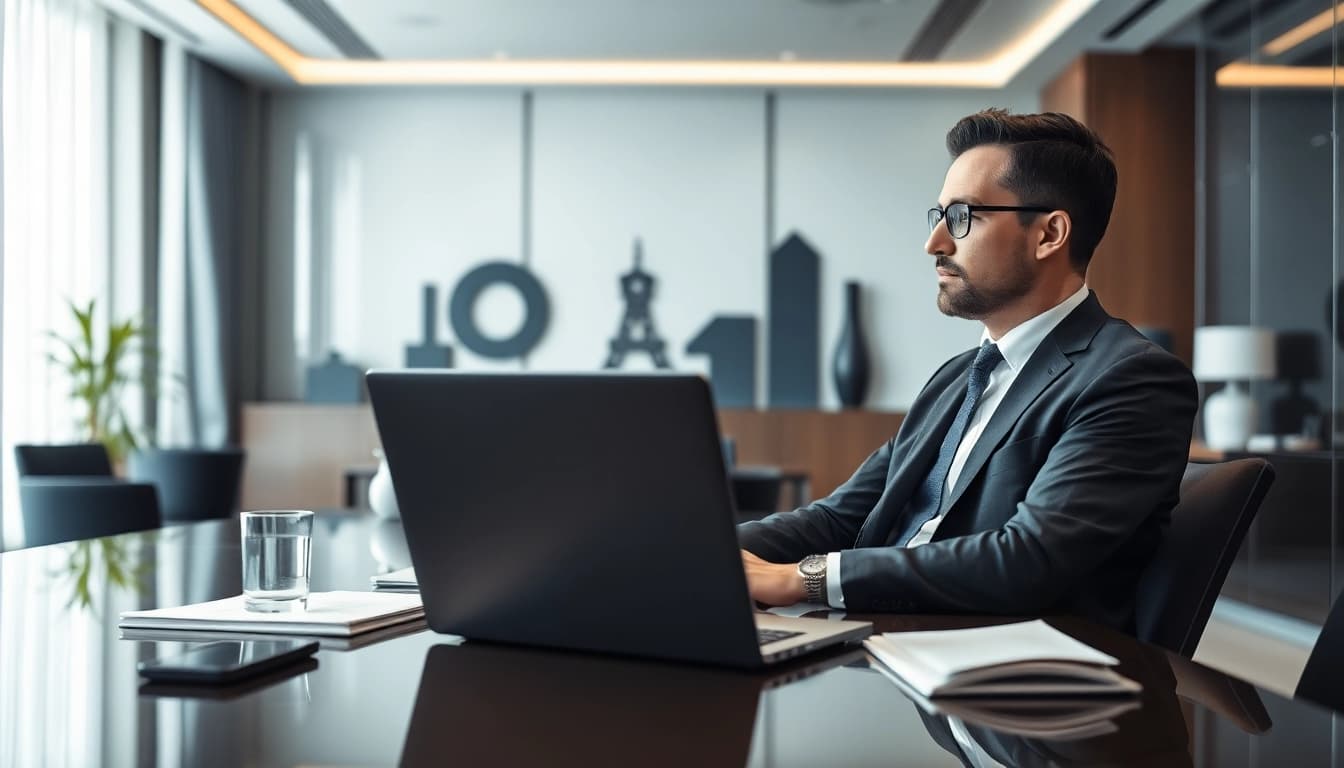Headhunter bei der Arbeit mit Laptop und Notizen an einem eleganten Bürotisch.
