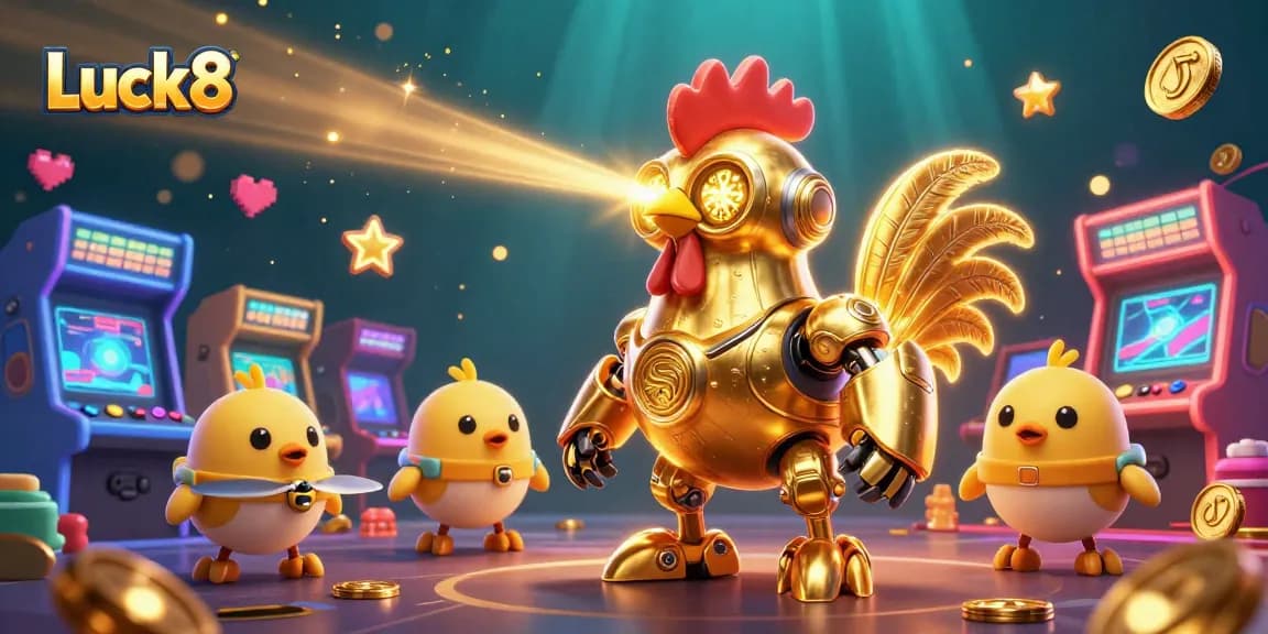 Join the fun at Luck8 with a vibrant casino game scene featuring a golden robotic rooster and cute drones.
