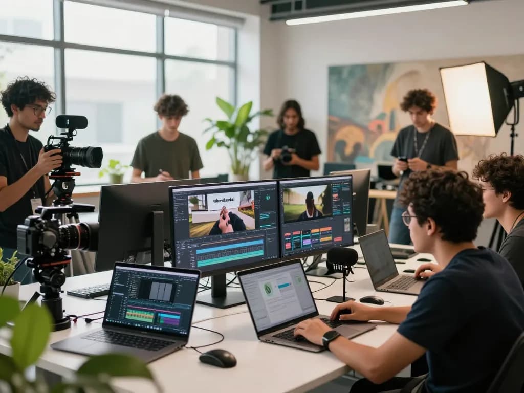 Team collaborating on a dynamic video skandal production in a modern studio.