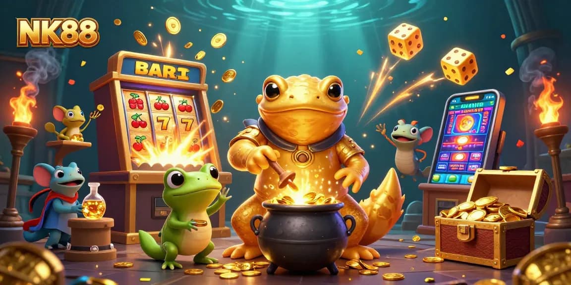 Experience the thrilling magic of NK88 with a golden alchemist and exciting casino elements.