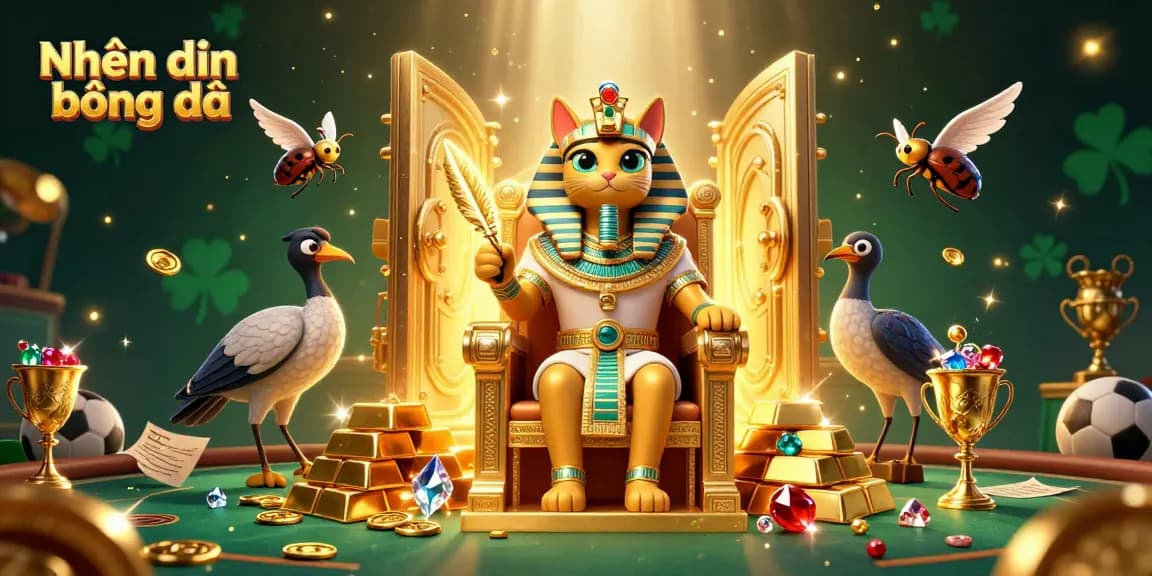 Engaging Nhận định bóng đá scene with Egyptian cat, treasures, and sports betting elements.