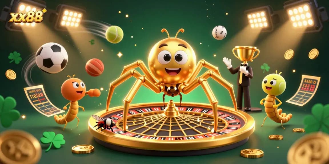 Experience thrilling bets at xx88 with a golden spider web roulette scene and vibrant sports elements.
