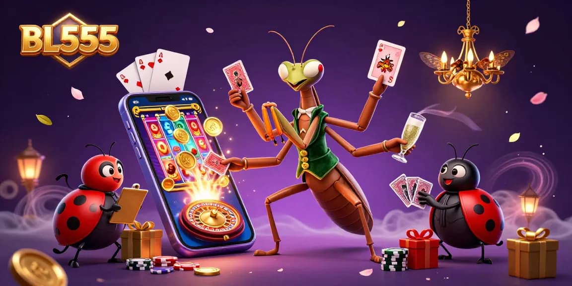 Engage with BL555 in this dynamic illustration featuring a giant praying mantis card sharp and ladybug pit boss amidst vibrant slot gaming elements.