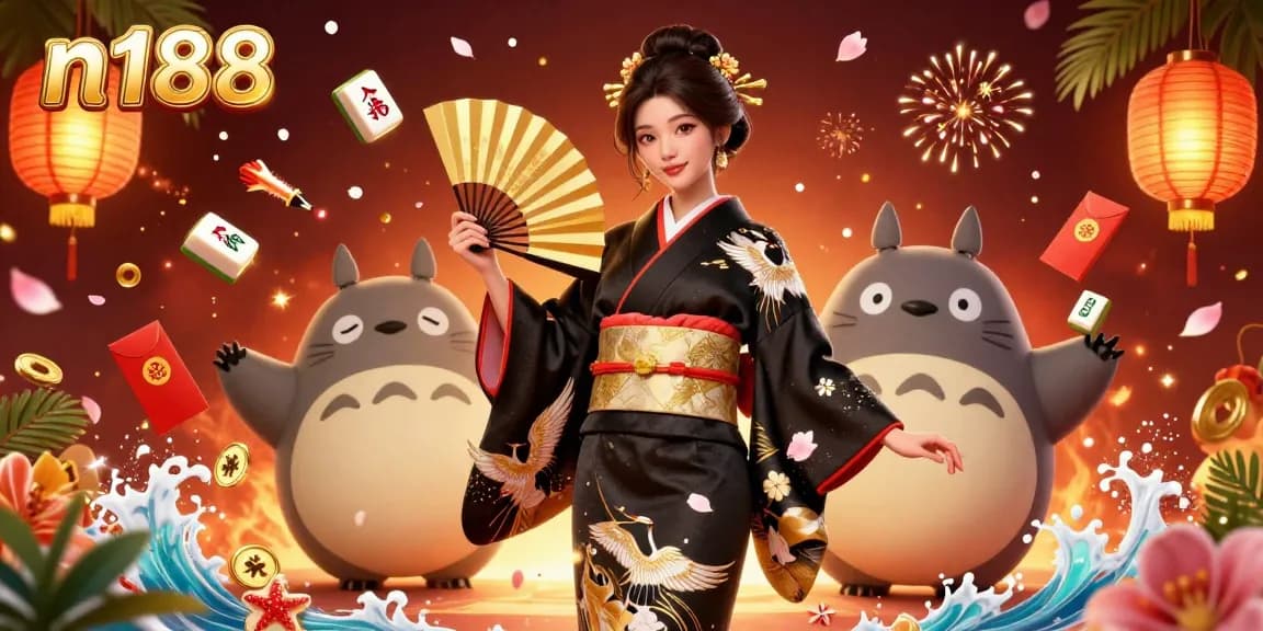 Engage with n188's online casino experience featuring vibrant characters, gaming elements, and festive decorations.