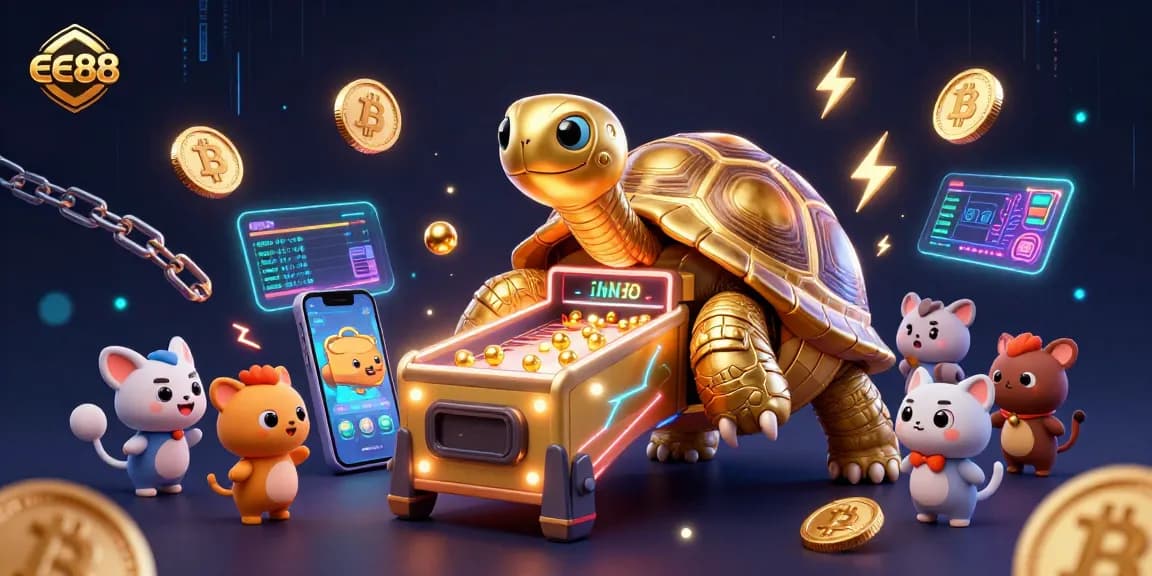 Engage with the exciting world of ee88 through this vibrant 3D illustration showcasing casino elements and crypto coins.
