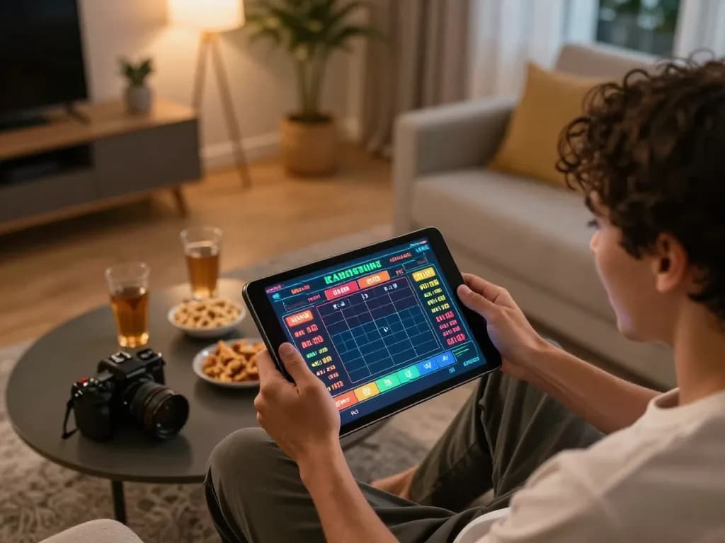 Engaging scene of a player using Alo789 app for online betting in a cozy living room environment