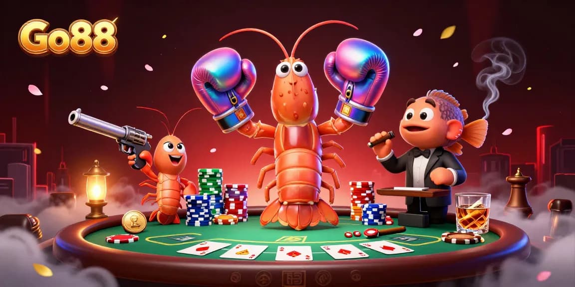 Experience the thrilling excitement of Go88 Casino with vibrant 3D characters at a poker table.