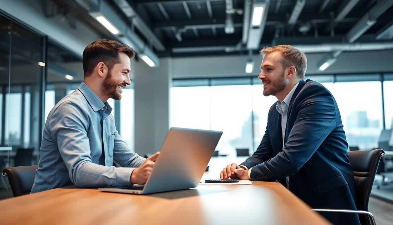 Headhunter Düsseldorf führt ein professionelles Gespräch mit einem Kandidaten in einem modernen Büro.
