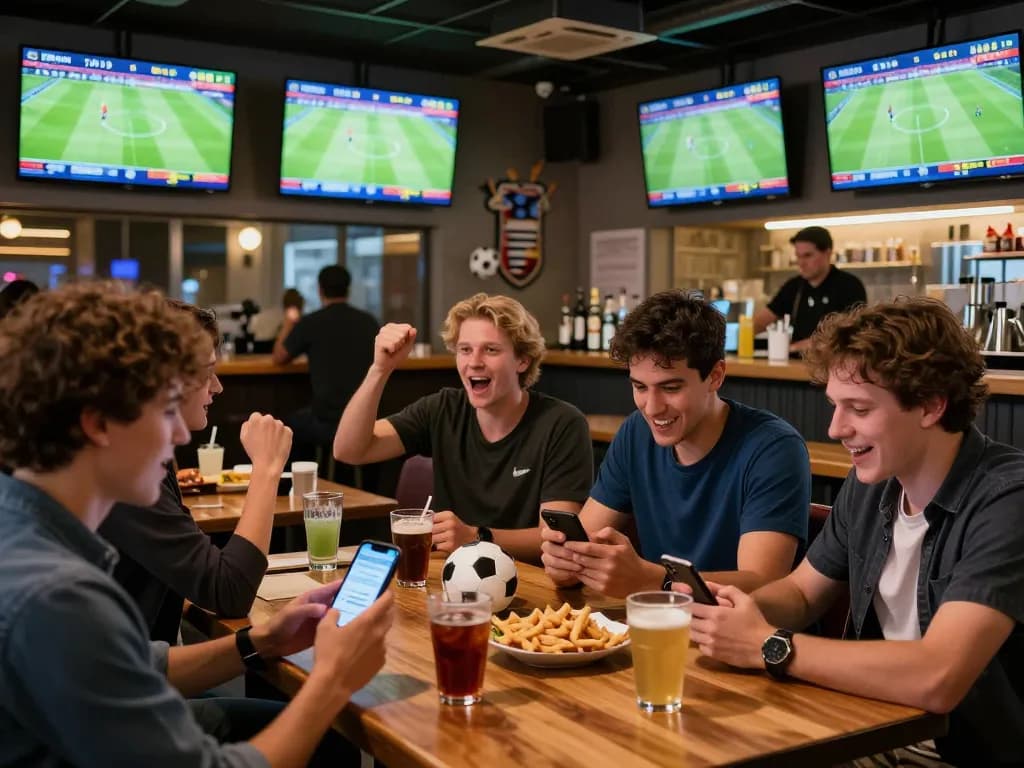 Excited patrons betting on soccer matches at a lively sports bar.