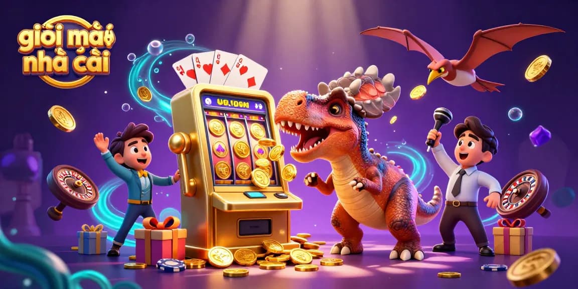 Experience the excitement at giải mã nhà cái with a cartoon illustration of a pachycephalosaurus winning big at a slot machine.