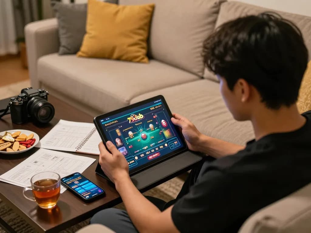 Playing at cổng game 79club on a tablet while enjoying a cozy home environment