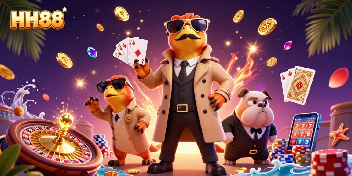 Three clever raptors in a trench coat attempt to enter the HH88 casino lounge, while golden coins cascade around them.