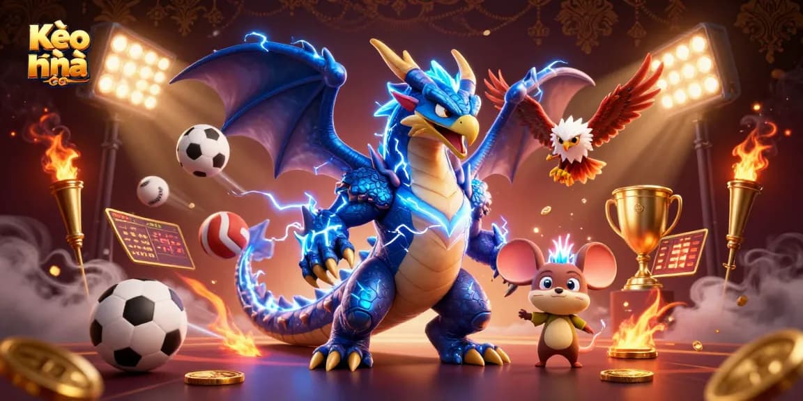 Bet on Kèo nhà cái with powerful cartoon dragon and dynamic sports elements in action.