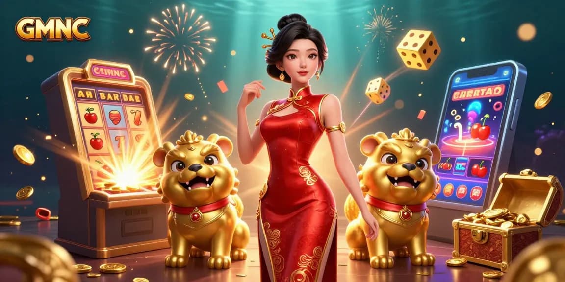 Experience gaming thrills with GMNC's vibrant casino scene showcasing glamorous characters and jackpot excitement.