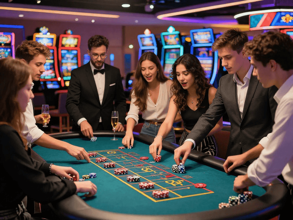 Pengunjung menikmati permainan roulette di kangbet, suasana kasino yang meriah dan energik.