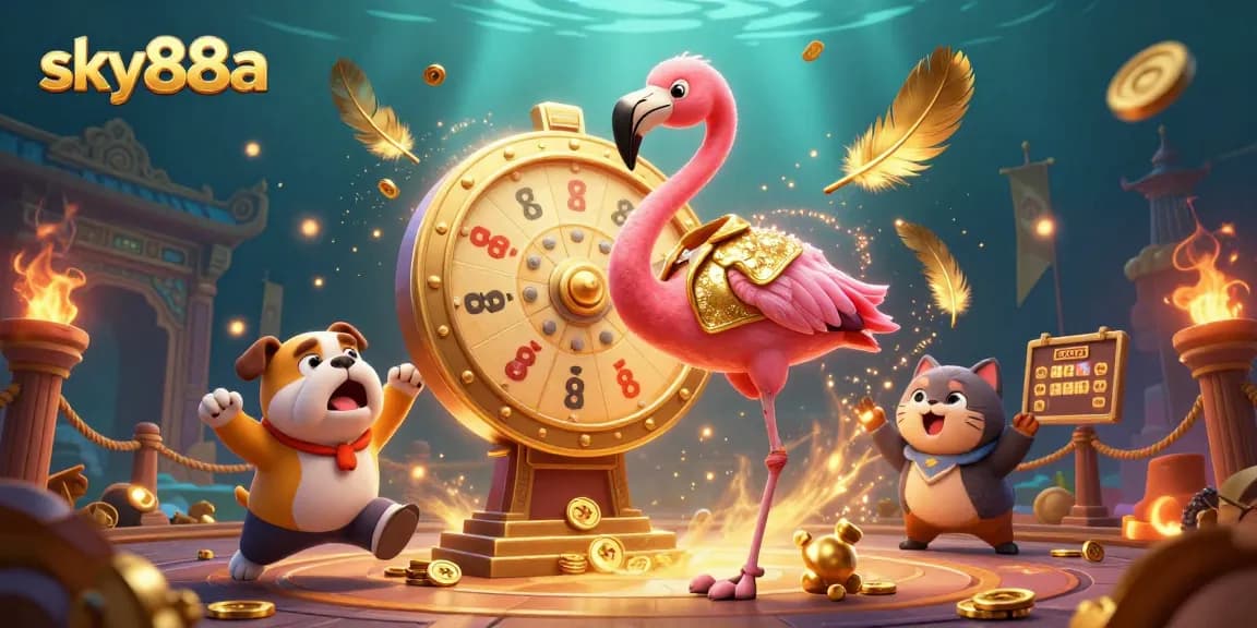 Spin the giant prize wheel at sky88a with cartoon characters celebrating gambling victories.