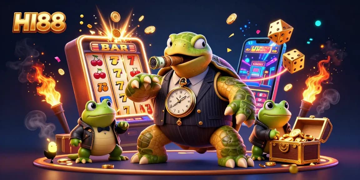 The lively HI88 scene features a snapping turtle mobster and bullfrog enforcers among vibrant slot machine symbols.