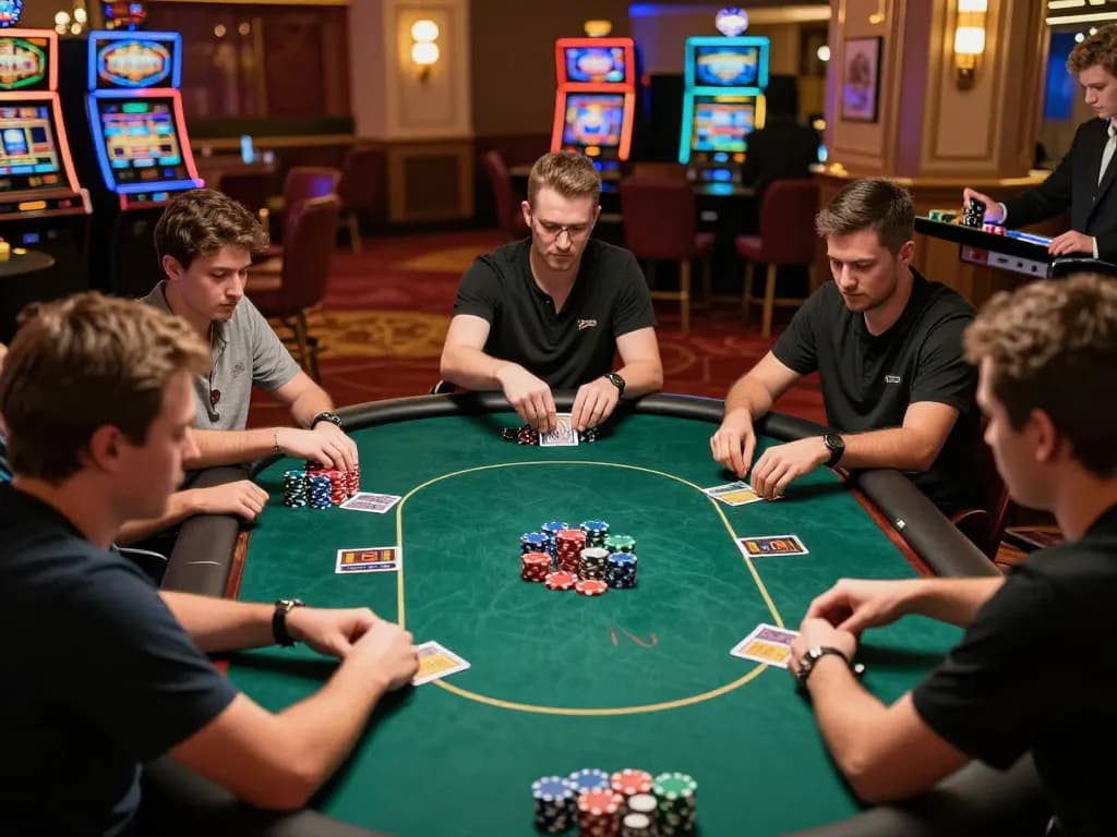 Engaging in a win88 game at a high-stakes poker table with vibrant chips and focused players.