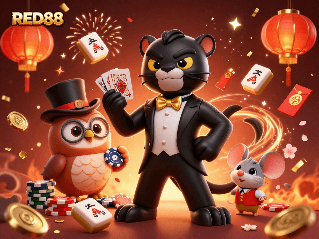 Engage in thrilling gameplay with RED88, as a stylish panther deals cards amidst vibrant gaming elements.