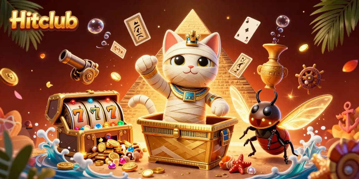 Experience the thrill of Hitclub as a mummy cat wins big in a vibrant, rich pyramid casino.