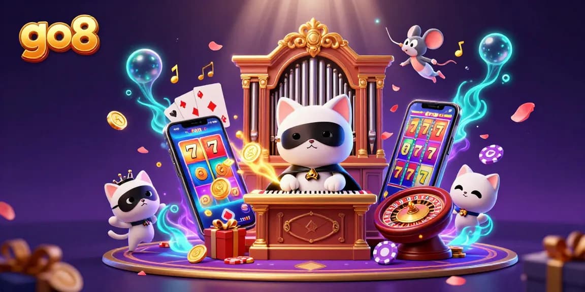 Experience the excitement of go8 with a captivating 3D casino illustration showcasing spinning slot games and winning elements.