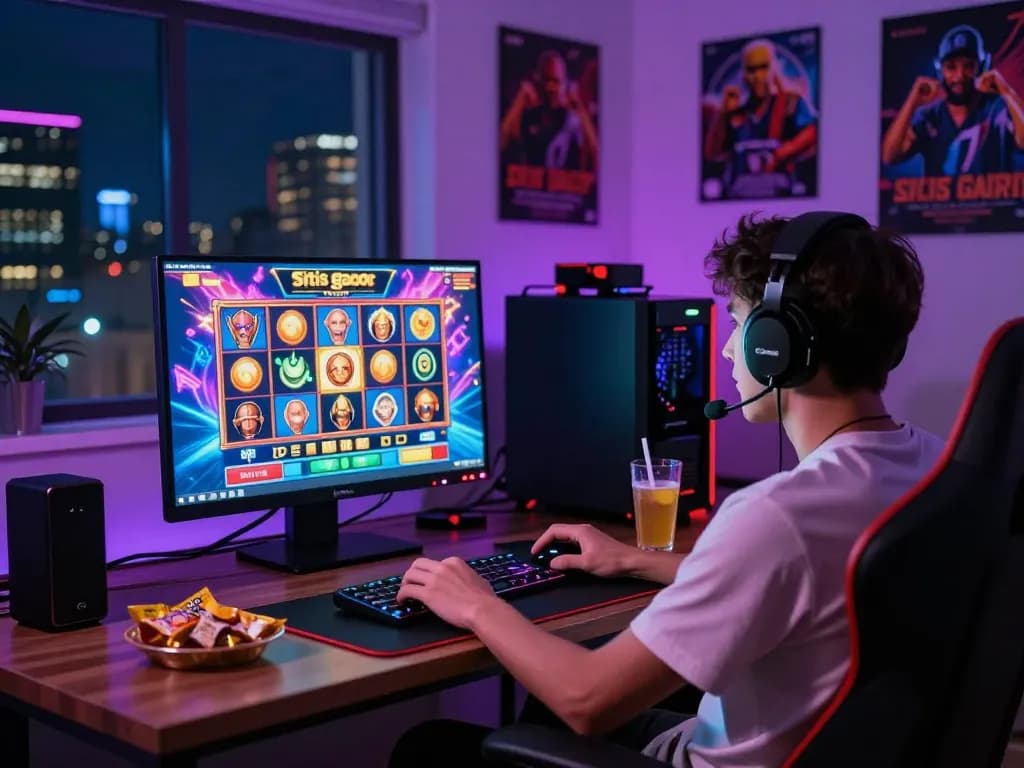 Engaging gaming moment showing a player on situs gacor with vibrant graphics and snacks.