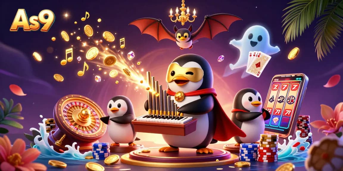 As9 showcases a fantasy casino scene with a penguin playing an organ, surrounded by gaming elements.