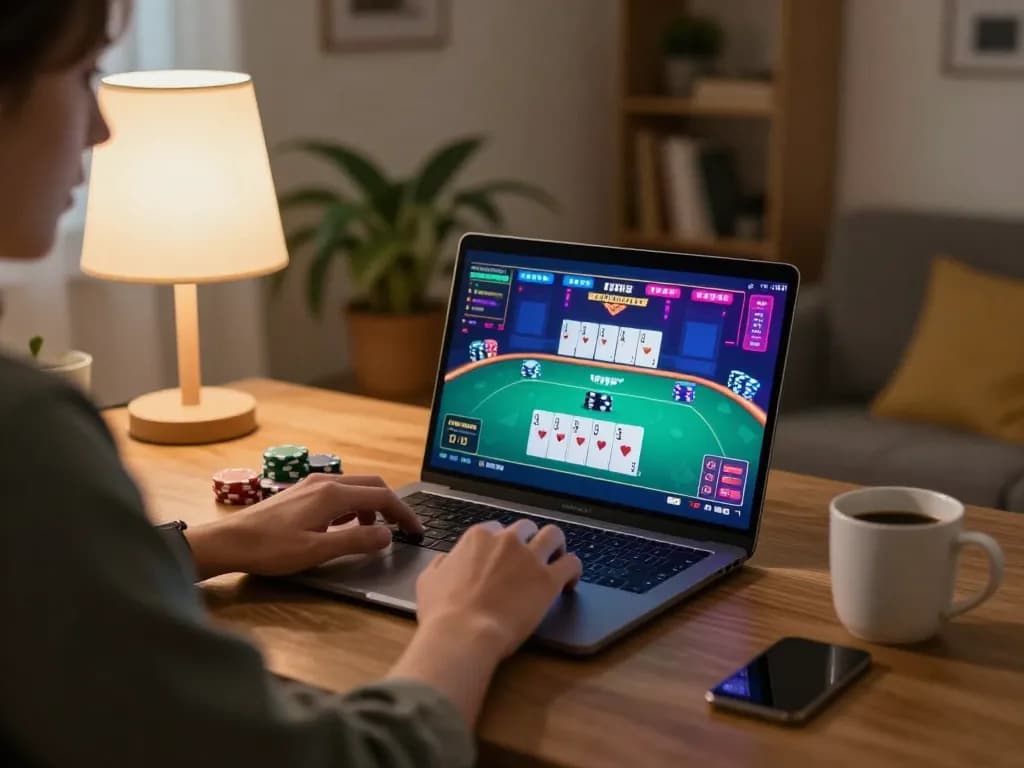 Engaging in online casino games at home using lucky88s interface while sipping coffee