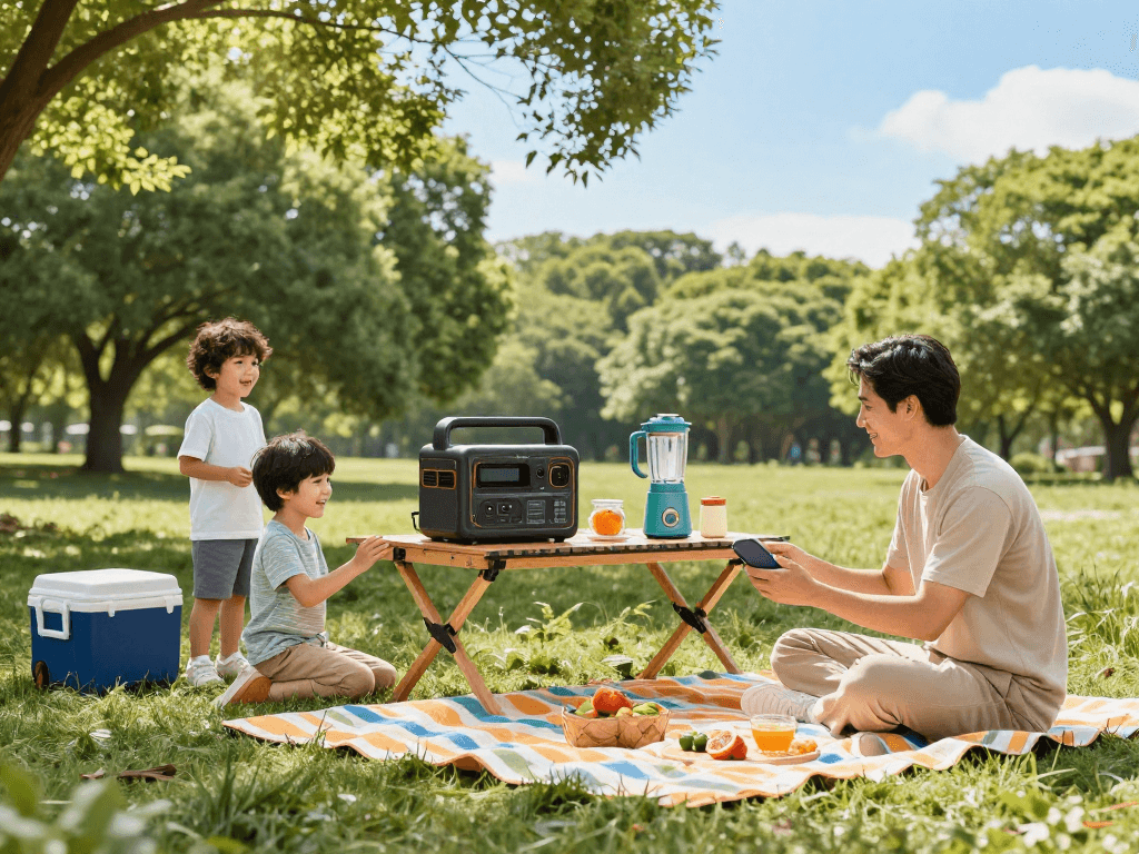 Enjoying a picnic with a wholesale portable power station powering devices and blender outdoors.