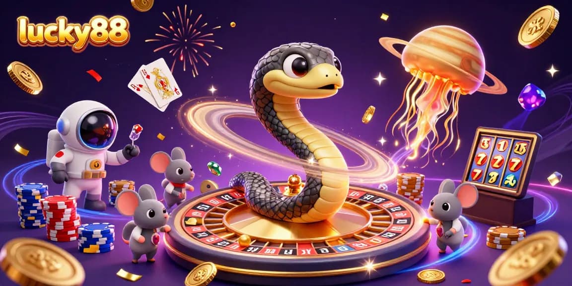 Experience the cosmic allure of lucky88 with a vibrant casino scene featuring a Saturn ring snake and astronaut mice.