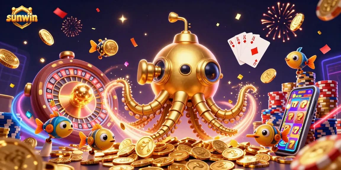 Spin to win with sunwin's exclusive 3D casino adventure featuring a golden kraken submarine amidst rich game elements.
