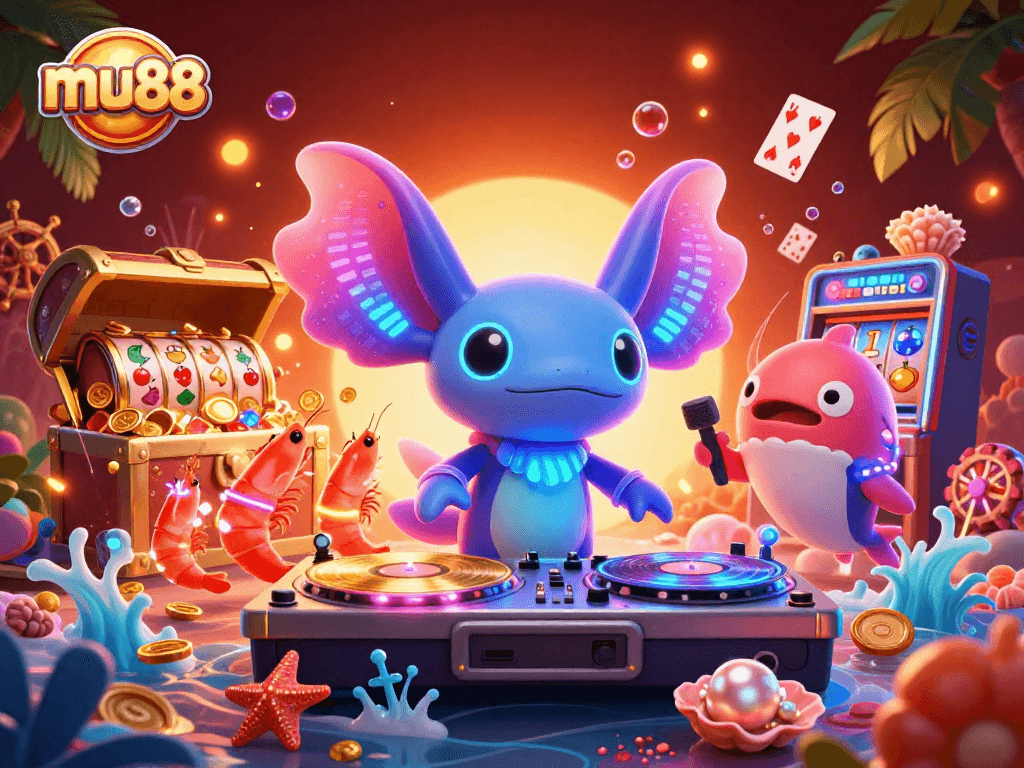 Get ready to win at mu88 with this vibrant scene featuring a neon-colored DJ and lively underwater characters.