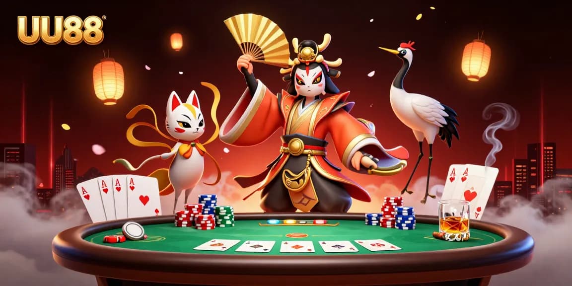 Play exciting poker at UU88 with kabuki and kitsune, amidst vibrant casino elements.