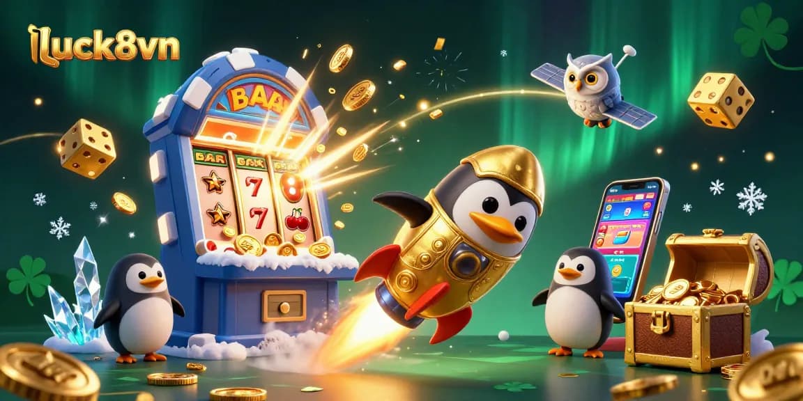 Spin big with luck8vn as golden penguin navigates vibrant casino universe.