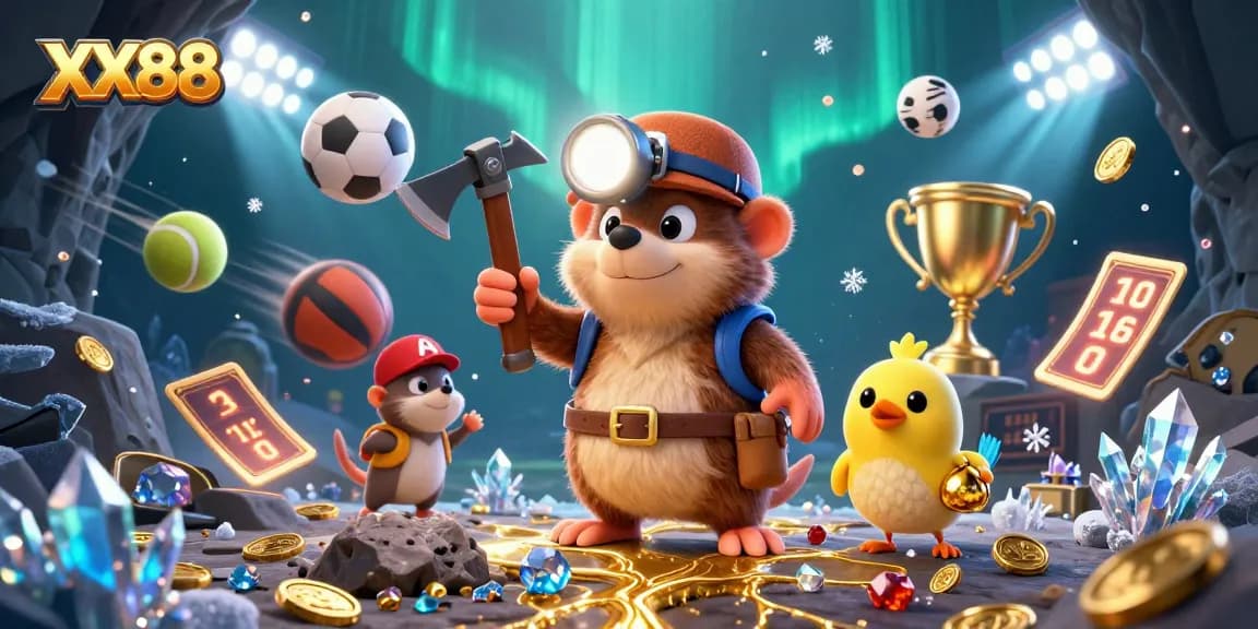 Engage with thrilling XX88 gameplay featuring a treasure hunter mole amidst a vibrant casino scene.