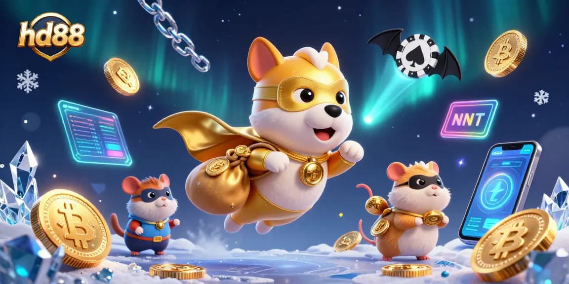 hd88 casino adventure with a superhero dog and hamster collecting gold coins in a vibrant digital scene.
