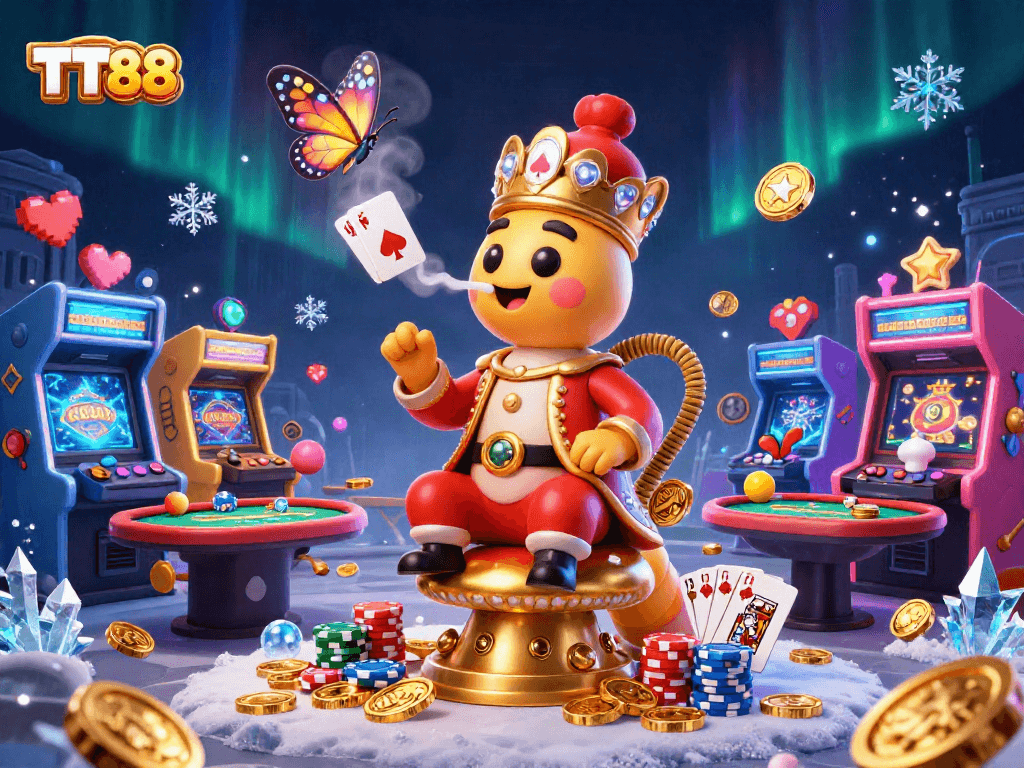 Experience thrilling gameplay at TT88 with the colorful casino illustration featuring poker elements.
