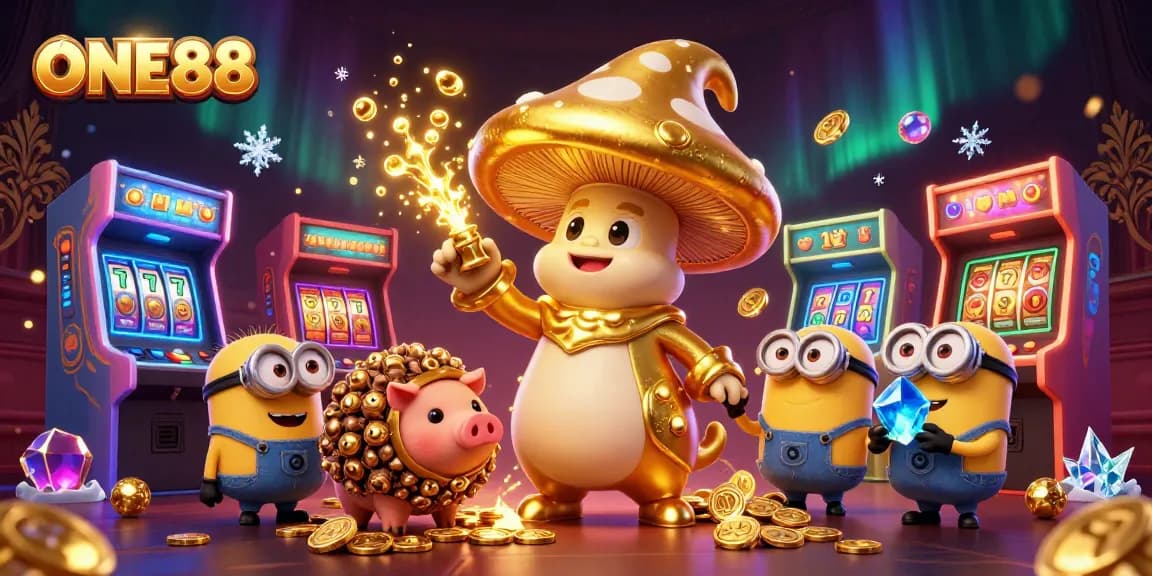 Engage with ONE88 by discovering golden rewards within a vibrant casino-themed 3D illustration.
