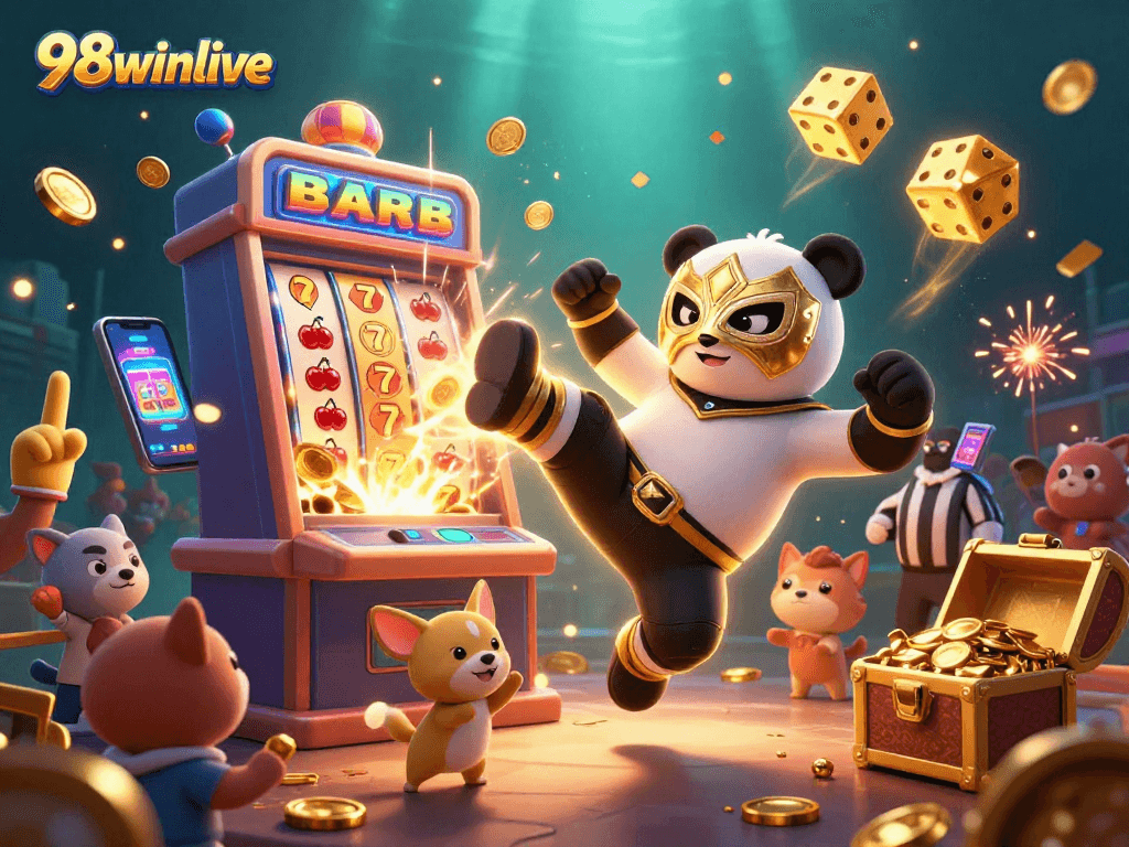 Experience excitement with 98winlive as playful characters celebrate wins around slot machines and casino games.