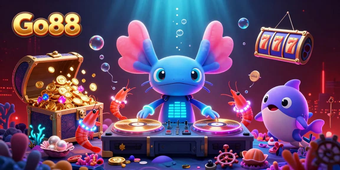 Experience top-tier gaming with Go88's underwater casino theme, showcasing vibrant characters and dynamic slot elements.