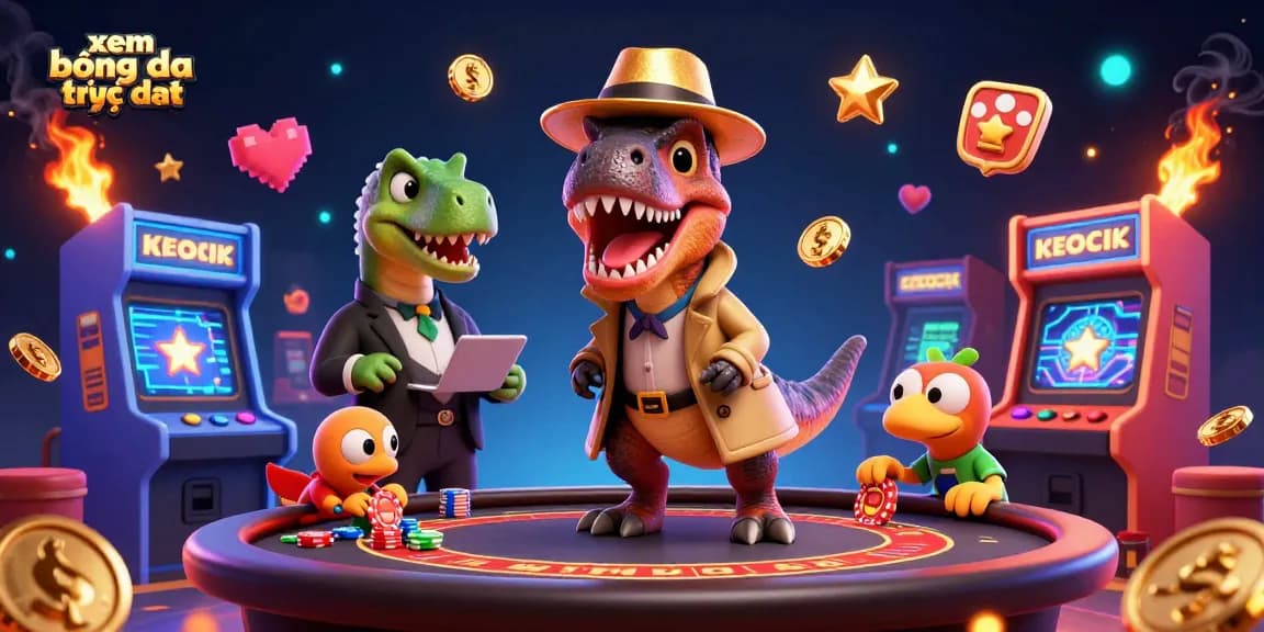 Xem bóng đá trực tiếp illustration showing characters in a gambling scene with vibrant casino elements.