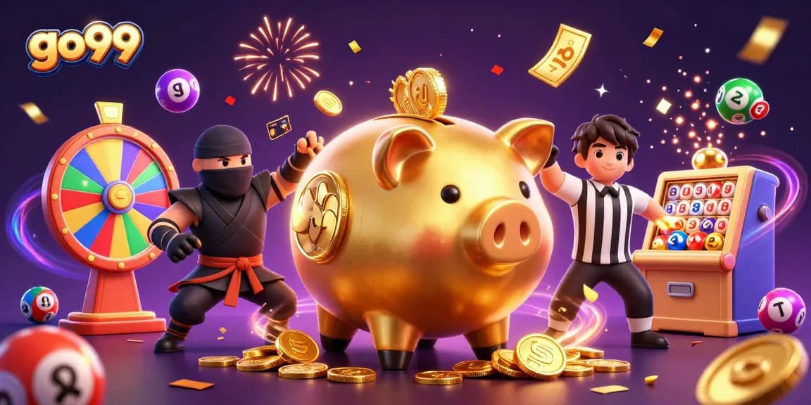 Experience excitement and rewards at go99 with vibrant lottery balls and a golden piggy bank sumo wrestler.