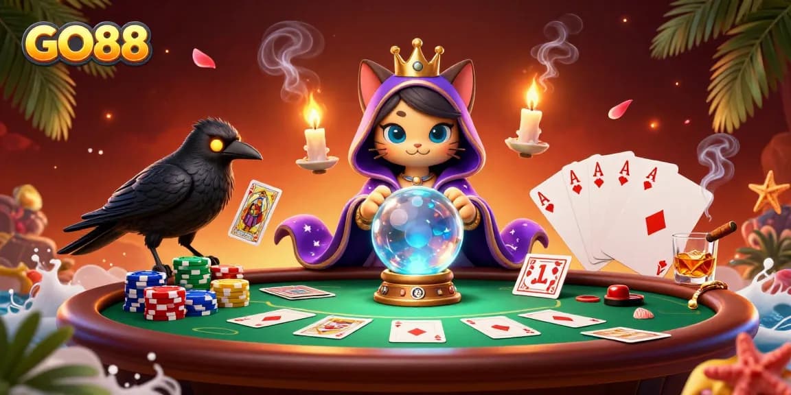 Engage with GO88's thrilling casino scene featuring vibrant poker elements and mystical characters.