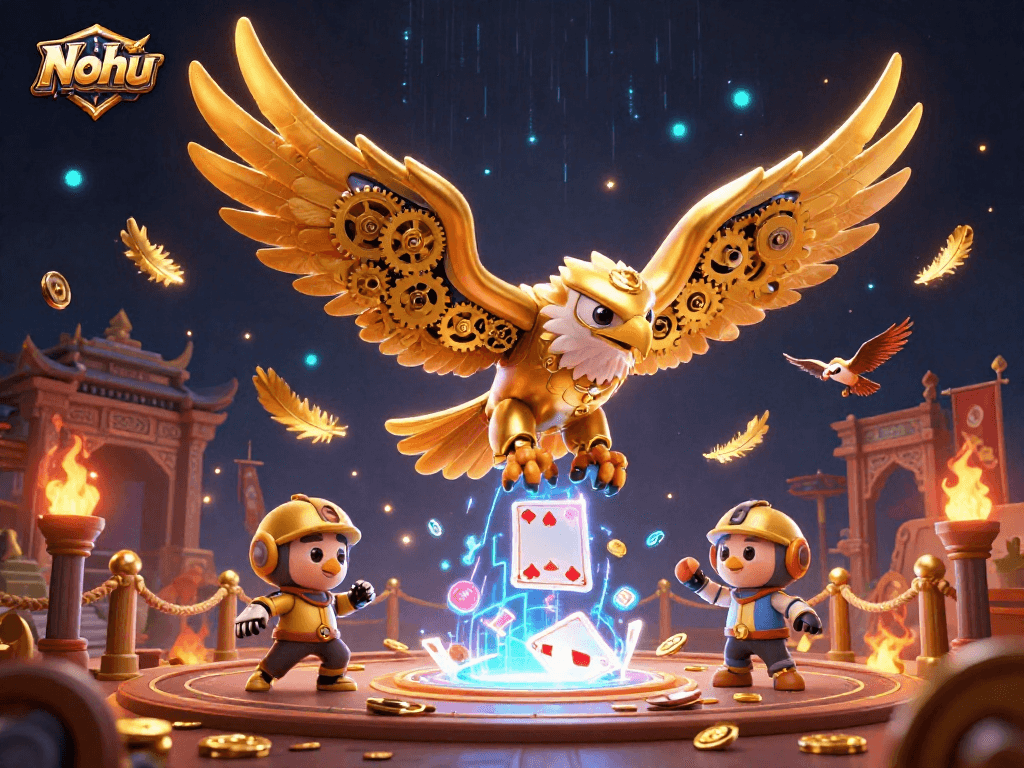 Nohu features a 3D cybernetic eagle surrounded by playing cards and gold coins, capturing casino excitement.