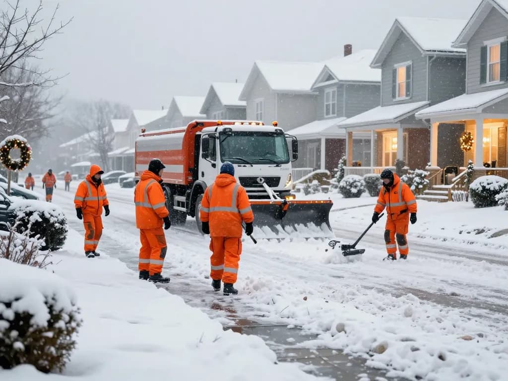 Zuverlässiger Schneeräumdienst in deiner Region, während ein Schneeräumteam Fußwege in Wohngebieten räumt und Sicherheit im Winter gewährleistet.