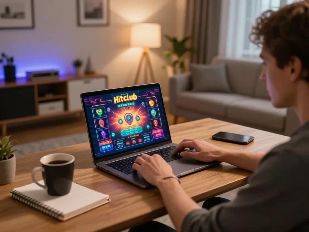Person engaging in online gaming with Hitclub on a laptop, showcasing a cozy gaming setup.