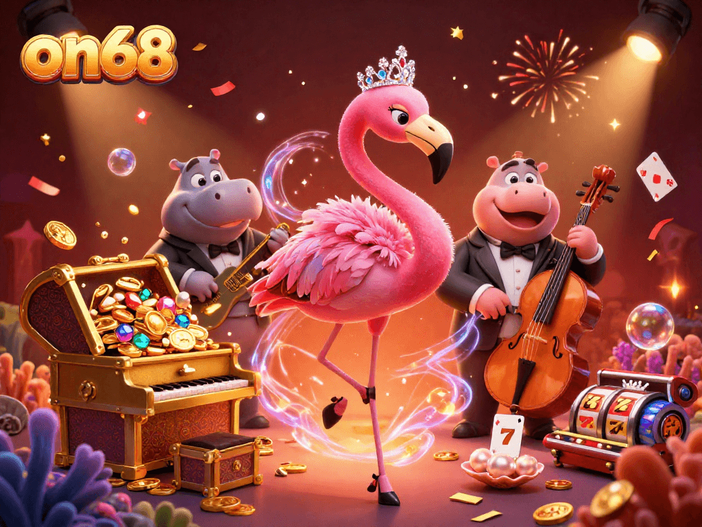 Experience the vibrant energy of on68 casino with our flamingo singer and hippo bassist amidst a gold treasure explosion.